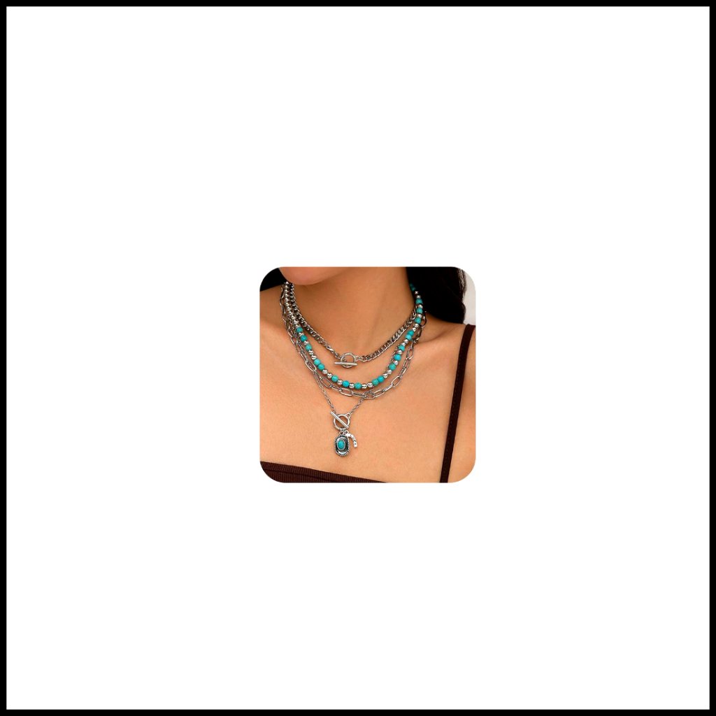 Silver Layered Boho Necklace Turquoise Beaded Western Horseshoe Pendant